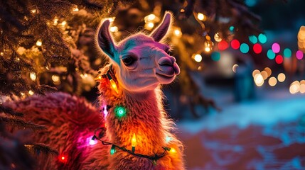 Obraz premium holiday llama tangled in lights in winter yard .