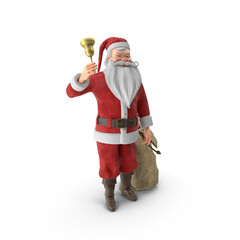 Santa claus ringing golden bell with gift sack over shoulder