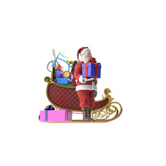 Santa with full sleigh and gifts, holding a blue box, festive scene