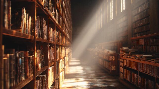 Mysterious old library aisle with an antique bookshelf holding an ancient book. nostalgic ray of light from window illuminates quiet, dusty archive