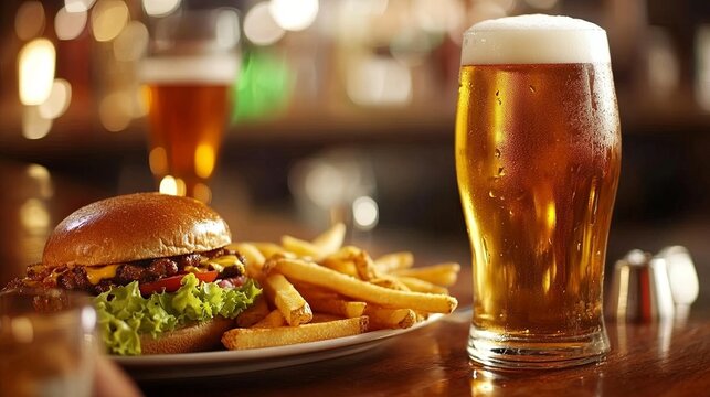 A pint of beer next to a plate of crispy fries and a burger, all on a wooden bar table .