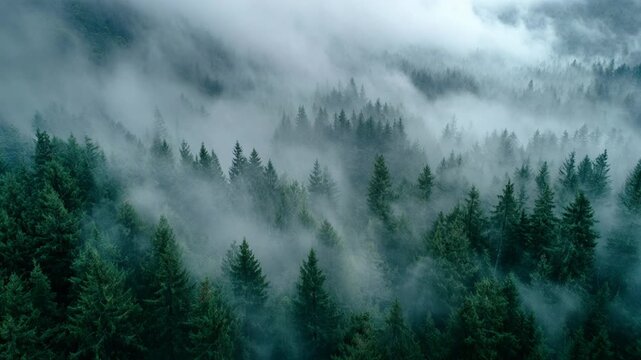 Mysterious aerial view of moody green forest landscape with thick fog and misty clouds over evergreen pine tree canopy, dramatic and atmospheric nature wilderness