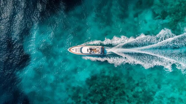 Inspiring aerial drone view of luxury yacht, boat sailing at speed across turquoise ocean. beautiful travel scene on deep blue sea creating wake on tropical water
