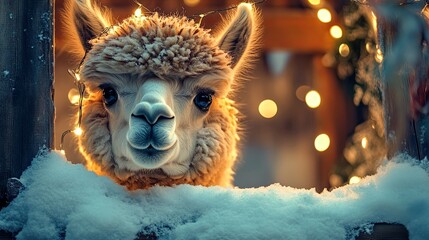 Obraz premium curious alpaca peeking from snowy stable decorated with lights .
