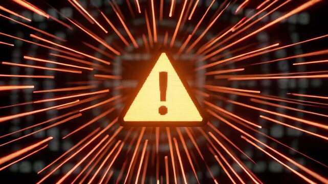 Dynamic visual of a warning sign with radiating lines and a dark digital background, evoking urgency and alertness