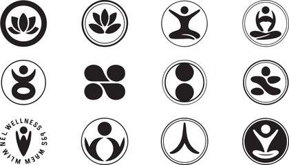 Twelve black and white icons representing yoga poses, lotus flowers, and abstract wellness symbols meditation