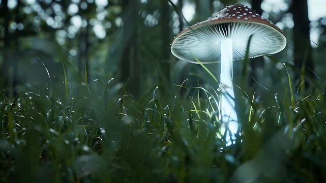 Bioluminescent blue-glowing mushroom casting an ethereal glow amid dewy grass in a dense forest
