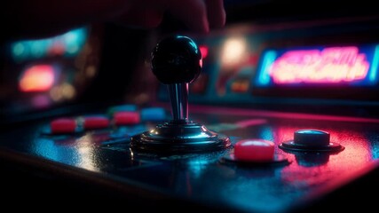 Player gripping retro arcade game joystick for classic entertainment. fun video game session glowing with vibrant neon lights, creating deep feeling of nostalgia
