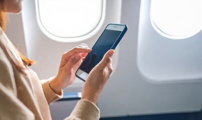 飛行機内でスマホを操作する女性