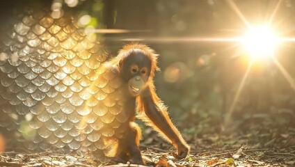 Young orangutan eating fruit in a sunlit forest clearing.