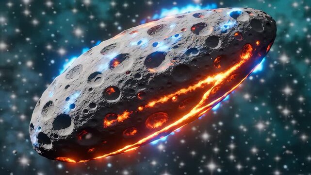A glowing, futuristic spacecraft resembling a moon with a textured surface and striking blue and orange accents set against a star-filled cosmic background