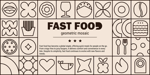 Geometric line fast food restaurant pattern with pizza and burger mosaic menu.