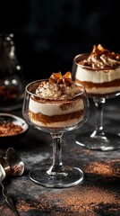 decadent tiramisu and panna cotta served in premium glassware, set against dark backgrounds .