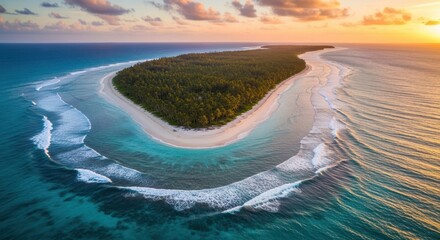 Serene aerial view of a lush tropical island surrounded by turquoise ocean waters at sunset