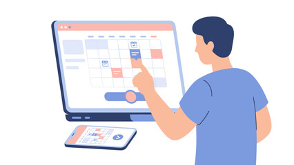 Online appointment booking. Person selecting date on calendar. Schedule management. Business planning. Time organizer. Laptop reservation. Phone agenda. Meeting deadline vector.