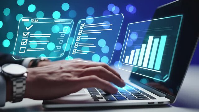 Professional using laptop with holographic task management checklist and analytics dashboard. Digital workflow interface displays completed tasks and performance charts for business productivity
