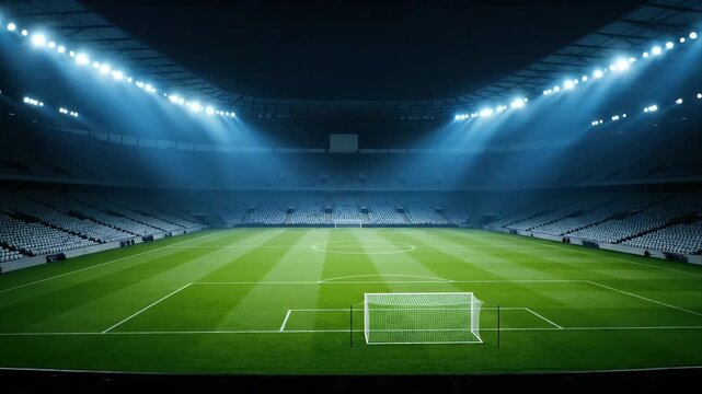 Illuminated football stadium field and empty spectator stands under dramatic blue floodlights ready for a massive night game and global competition