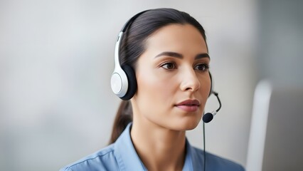 Focused Professional Wearing Headset During Online Video Meeting. Business Communication, Teleconferencing, Neutral Background, Soft Light