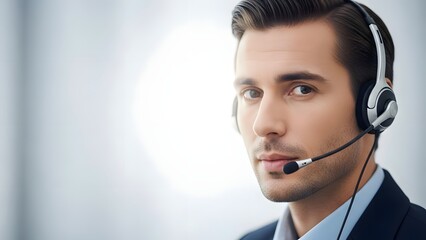 Focused Professional Wearing Headset During Online Video Meeting. Business Communication, Teleconferencing, Neutral Background, Soft Light