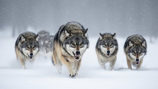 Pack of Wolves Running in Snow Wildlife Nature Animals. Concept featuring wolves, pack, snow, wildlife, nature.