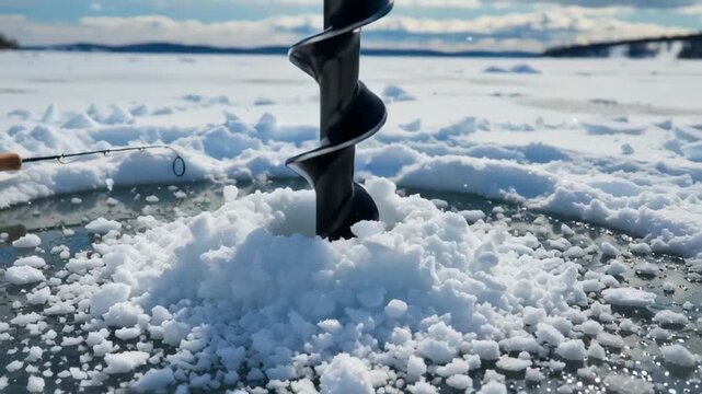 Ice fishing drill in frozen lake surrounded by snow-covered landscape under clear blue skies
