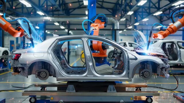 Industrial robotics in an automated car manufacturing assembly line with sparks flying