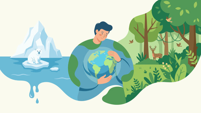 Climate change awareness person holding globe gently between melting iceberg and green forest. Environmental protection conservation concept. Global warming - Powered by Adobe