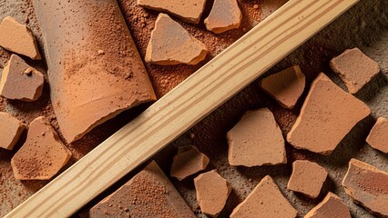 Clay shards surround a wooden plank on a dusty surface with a fragment of a cylindrical object