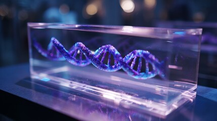 3D rendered DNA double helix model encased in transparent acrylic block with glowing blue and purple strands, displayed against blurred background