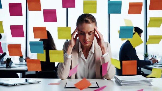 Stressed professional experiencing workplace burnout with multiple sticky notes and tasks. Business employee dealing with mental health challenges, anxiety and overwhelming workload in office