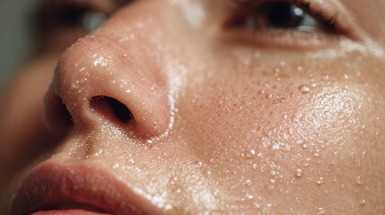 Naklejka premium Close-up of human face with visible sweat droplets on skin surface, highlighting natural texture, pores, and moisture