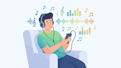 Man listening to music with headphones. Relaxing in armchair with smartphone. Audio streaming concept. Sound waves and notes. Entertainment technology. Leisure vector illustration.