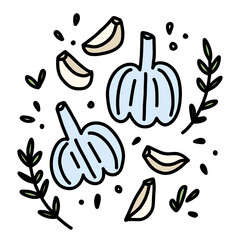 Doodle illustration of garlic heads and cloves among thyme sprigs, garlic bulb