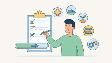 Personal goal tracking habit building. Man checking steps on large checklist. Progress bar, self improvement, productivity. Planning success, motivation, achievement vector.