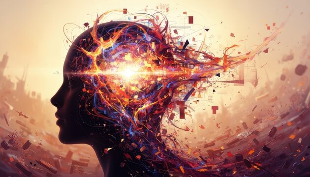Abstract Digital Art of Human Head Exploding into Colorful Particles and Light Bursts with Futuristic Cityscape Background at Sunset - Powered by Adobe