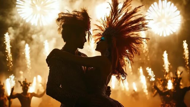A couple dances samba amidst the colorful atmosphere of carnival in Rio de Janeiro on the background of fireworks.Bright traditional clothes with feathers.