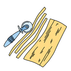 A dough roller cuts a thin sheet of dough into strips, the process of making pasta, noodles