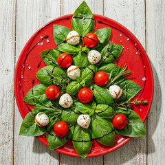 Vibrant Caprese Christmas tree on a glossy red plate with balsamic glaze drizzle.