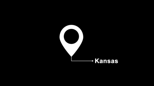 This is a United States state. location of the city of Kansas on black screen. location icon animation. Country GPS location tracking icon. location pin appearing.
