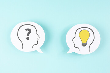 Human mind, question mark and light bulb, brain ask for answer, brainstorming, overthinking, connecting knowledge and wisdom, confusion and clarity