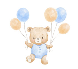 Cute watercolor bear with blue balloons, perfect for baby boy birthday cards, nursery decor, and children's party invitations