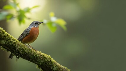 A small bird perched on a mossy branch in a forest