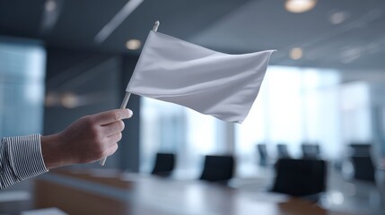 White Flag of Surrender: A hand holds a white flag in a business setting, symbolizing surrender, truce, or agreement in a professional context.