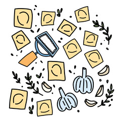 Set of ravioli with garlic and herb filling, stamp for cutting out dough, Italian home cooking
