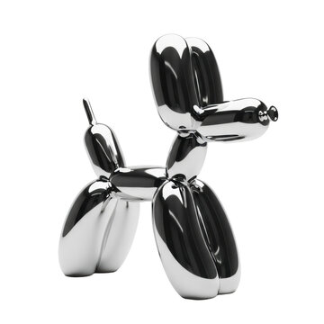 hyperrealistic metallic chrome balloon dog sculpture with mirror finish, isolated on a brilliant white cyclorama studio background using high-key light. conceptual perfection and sleek modern design