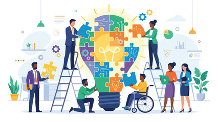 Diverse business team building lightbulb puzzle together. Corporate teamwork innovation collaboration concept. Creative solution strategy. Inclusive workplace inclusion disability.