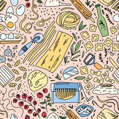 Hand-Drawn Italian Pasta Making Ingredients and Tools Background, Italian Pasta Ingredients