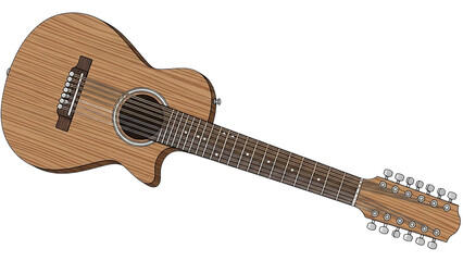 A rustic twelve-string acoustic guitar with a natural wood finish and intricate details