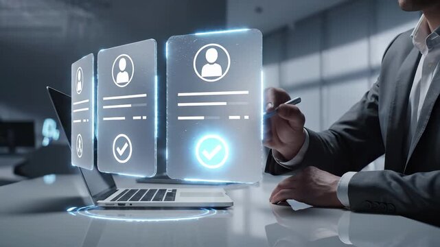 Business professional using laptop with holographic interface displaying candidate profiles and approval checkmarks. Digital human resources recruitment system for employee selection, verification