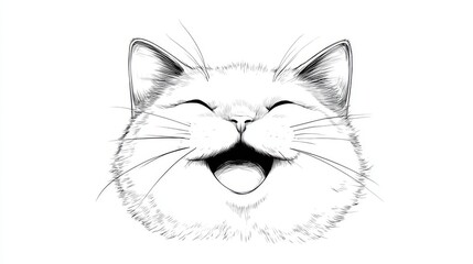 Black and white sketch-style illustration of a relaxed cat face viewed from below with closed eyes and fine line details emphasizing fur texture